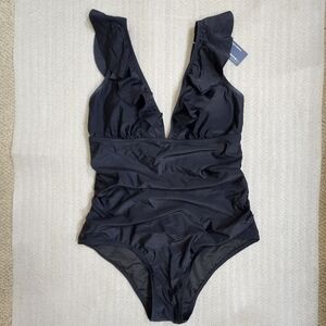NWT Black Ruffled One Piece Swimsuit Lace up Tummy Control Swimsuit Medium
